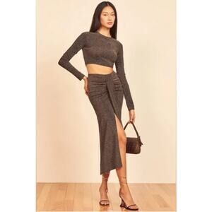 Reformation Zion Two Piece Set Long Sleeve Midi Skirt Metallic Shimmer Size XL